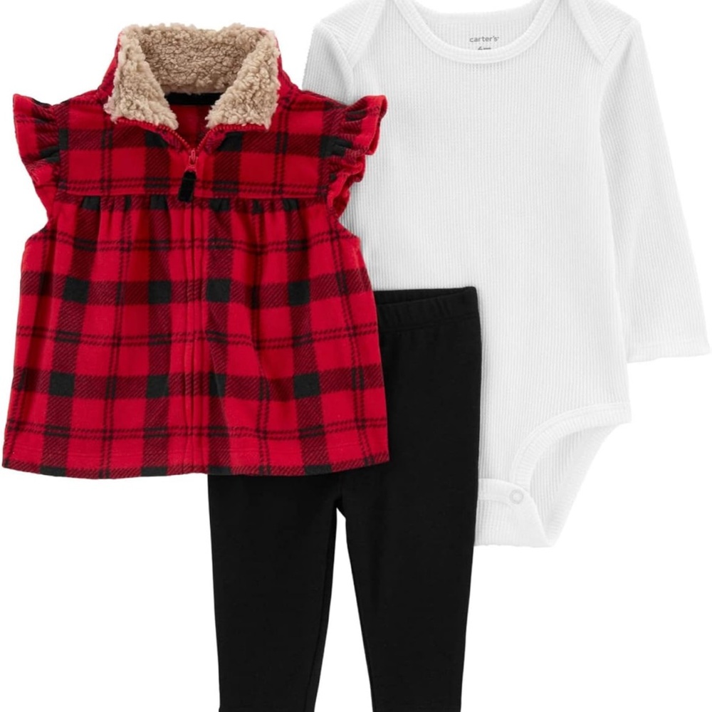 Carter's Baby Girls' 3 Piece Vest Little Jacket Set-Buffalo Plaid Check Red
